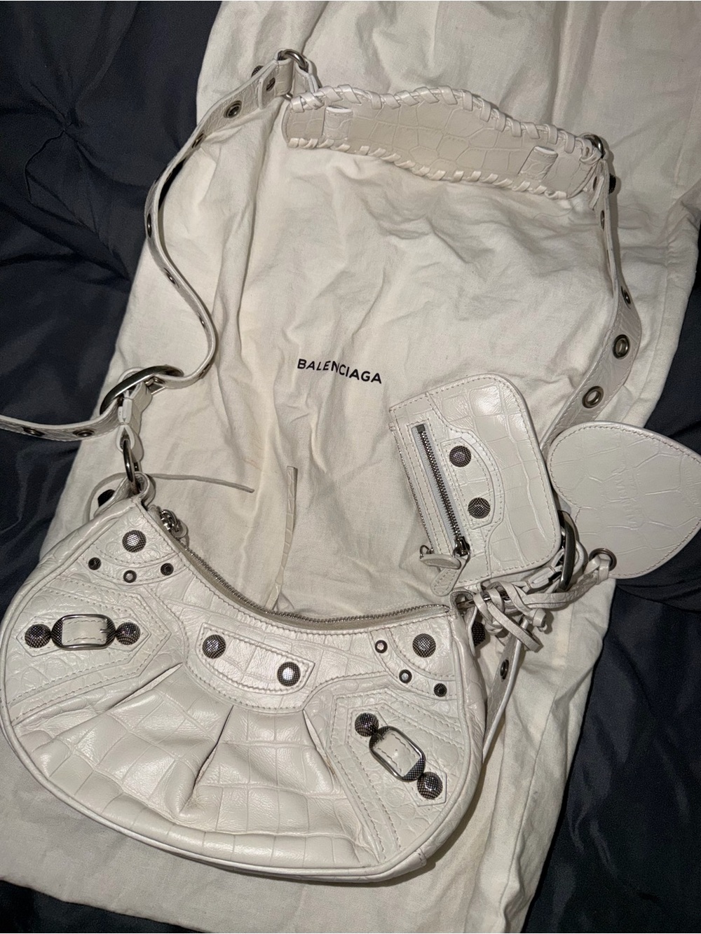 Balenciaga Le Cagole White Croc-Embossed Shoulder Bag with Silver Hardware